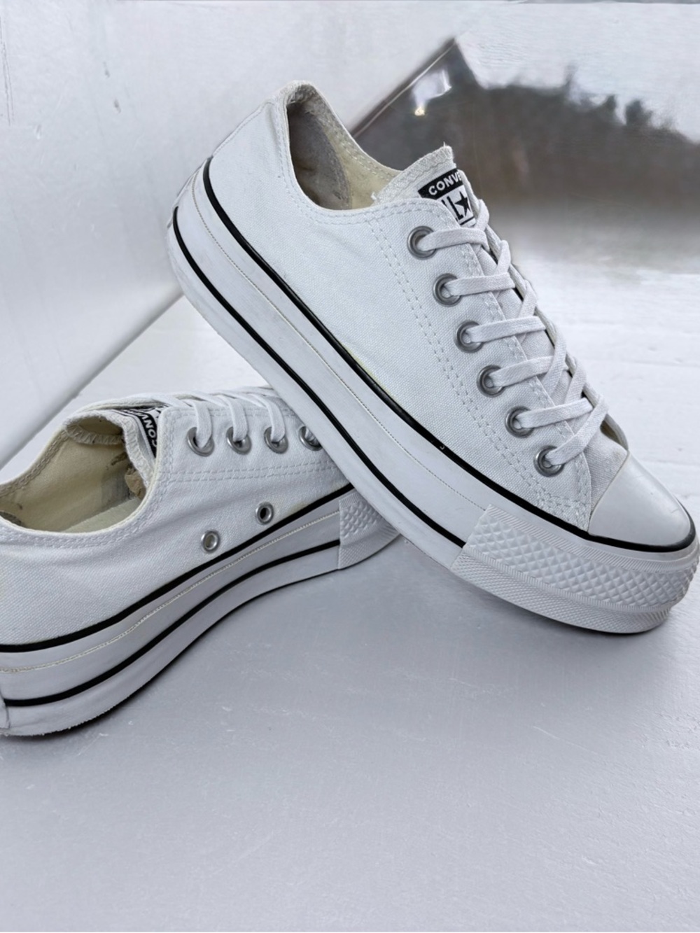 Converse White Low Top Canvas Sneakers with Black Stripe